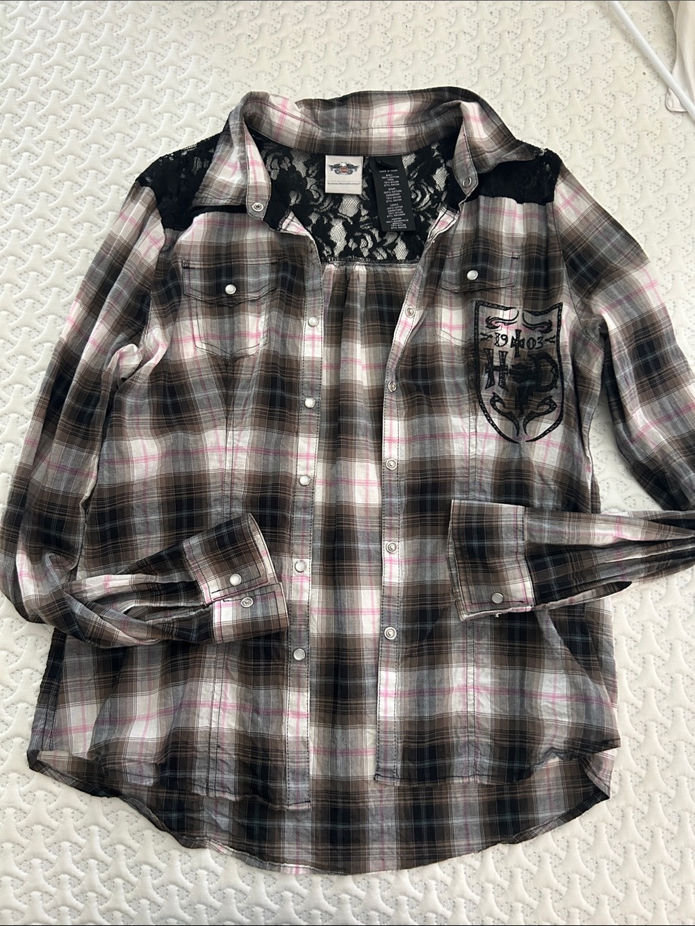 Harley-Davidson Black, Brown & Pink Plaid Lace-Yoke Button Front Shirt